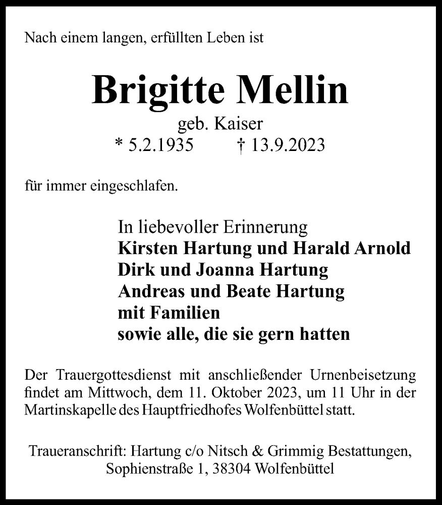  Traueranzeige für Brigitte Mellin vom 23.09.2023 aus Wolfenbütteler Zeitung