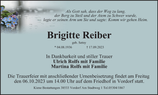 Traueranzeige von Brigitte Reiber von Braunschweiger Zeitung