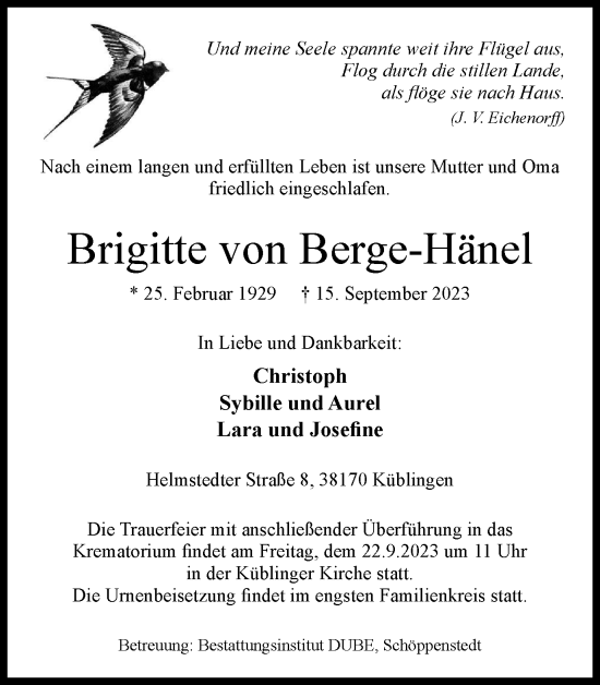 Traueranzeige von Brigitte von Berge-Hänel von Wolfenbütteler Zeitung