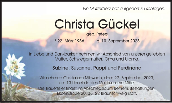 Traueranzeige von Christa Gückel von Braunschweiger Zeitung