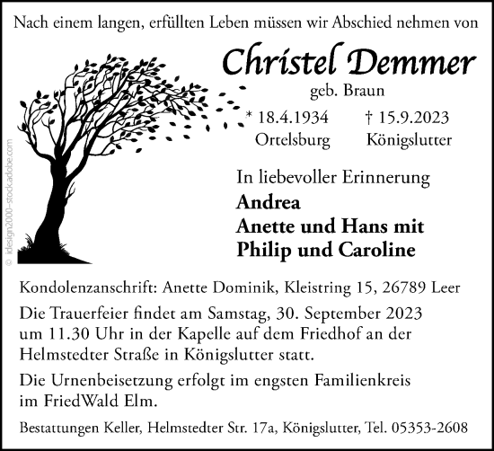 Traueranzeige von Christel Demmer von Helmstedter Nachrichten