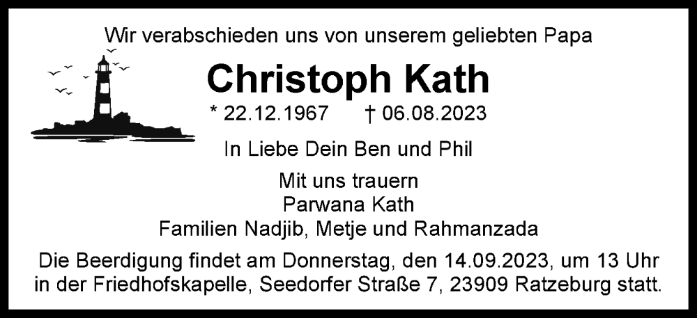  Traueranzeige für Christoph Kath vom 09.09.2023 aus Braunschweiger Zeitung