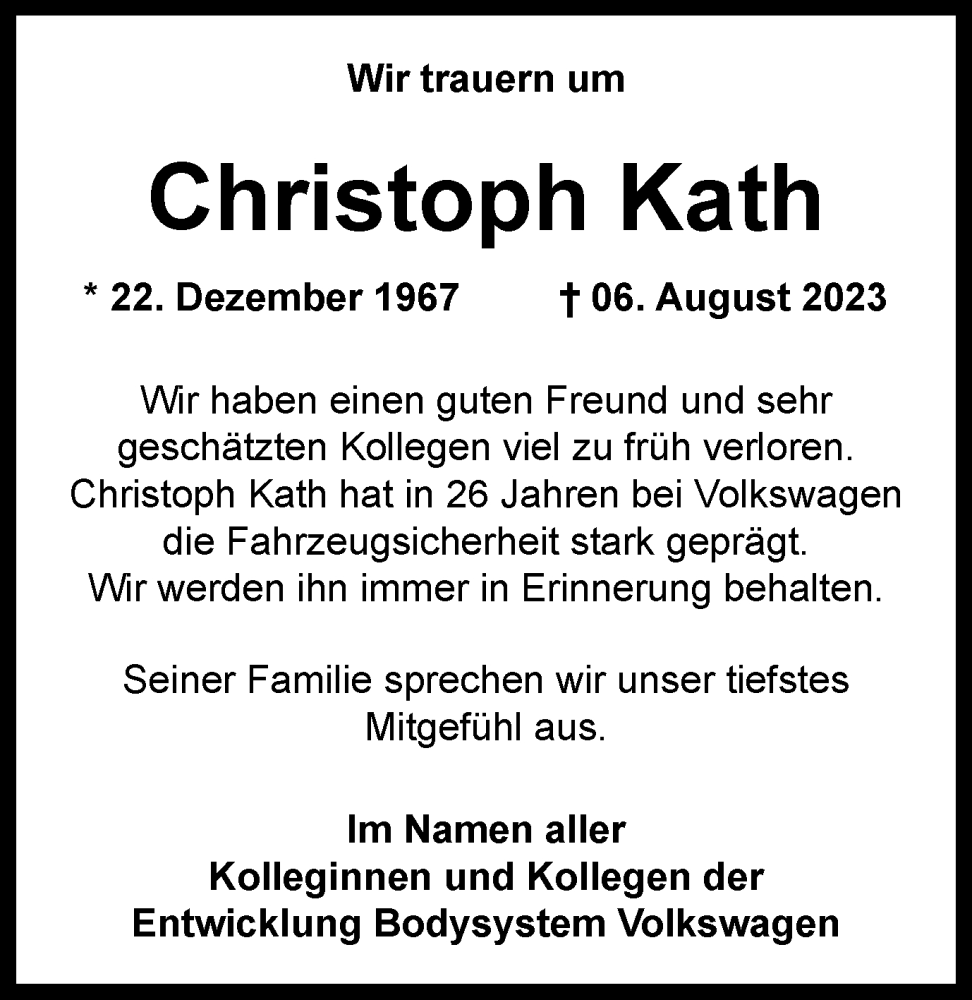  Traueranzeige für Christoph Kath vom 09.09.2023 aus Braunschweiger Zeitung
