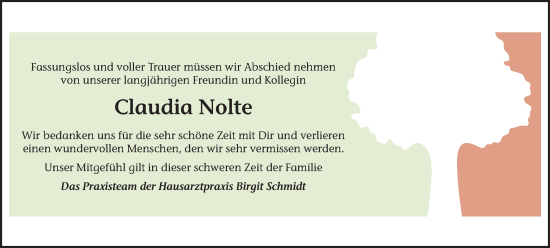 Traueranzeige von Claudia Nolte von Peiner Nachrichten