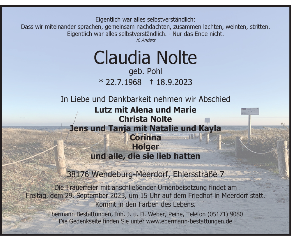 Traueranzeigen von Claudia Nolte | trauer38.de