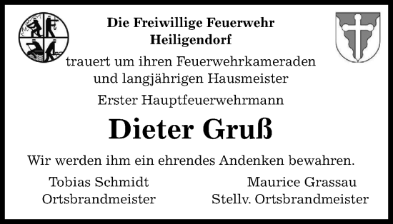 Traueranzeige von Dieter Gruß von Wolfsburger Nachrichten