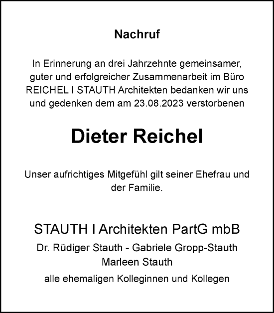 Traueranzeigen von Dieter Reichel trauer38.de