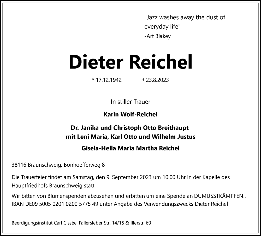 Traueranzeigen von Dieter Reichel trauer38.de