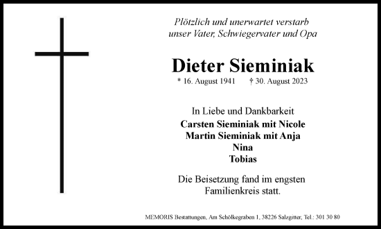 Traueranzeige von Dieter Sieminiak von Salzgitter-Zeitung