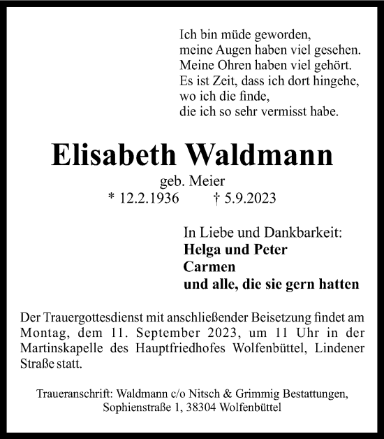 Traueranzeige von Elisabeth Waldmann von Wolfenbütteler Zeitung