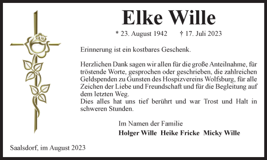 Traueranzeige von Elke Wille von Helmstedter Nachrichten