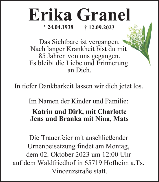 Traueranzeige von Erika Granel von Wolfenbütteler Zeitung