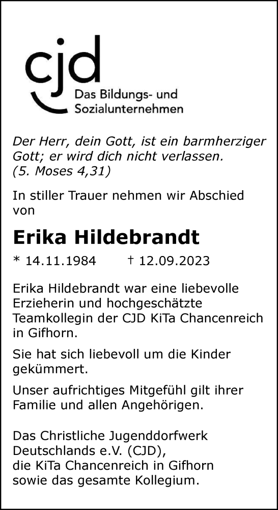 Traueranzeige von Erika Hildebrandt von Wolfsburger Nachrichten