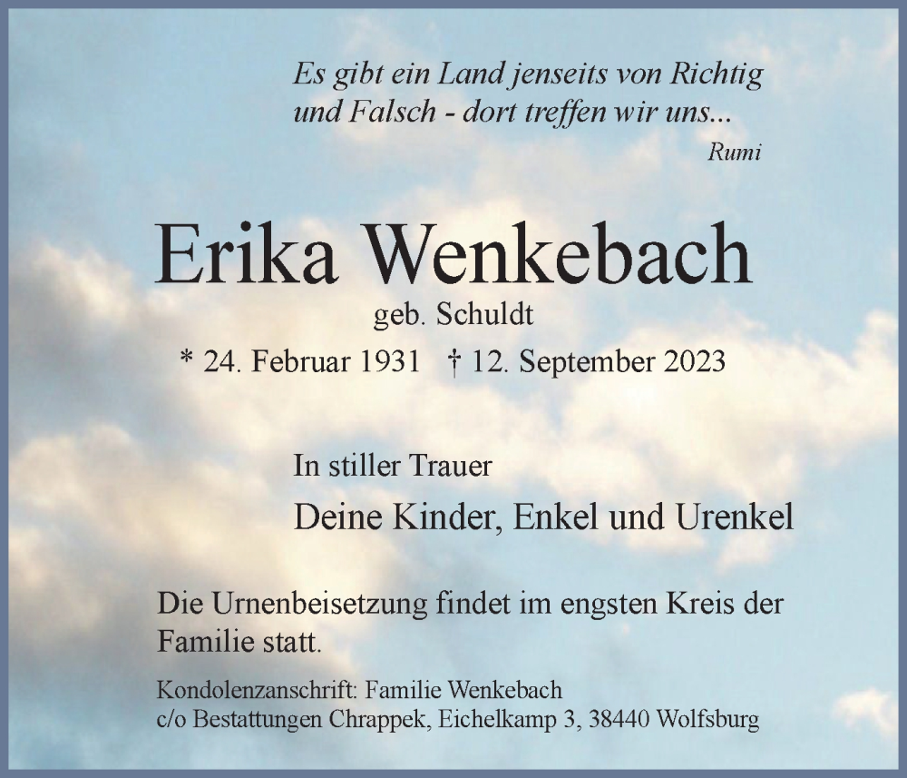  Traueranzeige für Erika Wenkebach vom 16.09.2023 aus Wolfsburger Nachrichten