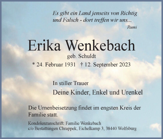 Traueranzeige von Erika Wenkebach von Wolfsburger Nachrichten
