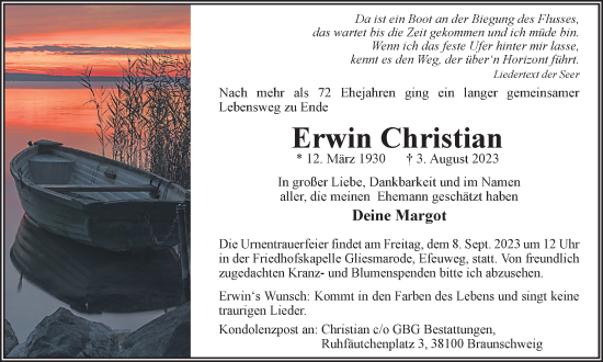 Traueranzeige von Erwin Christian von Braunschweiger Zeitung