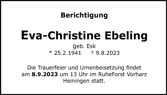 Traueranzeige von Eva-Christine Ebeling von Wolfenbütteler Zeitung