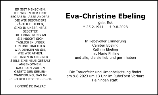Traueranzeige von Eva-Christine Ebeling von Wolfenbütteler Zeitung