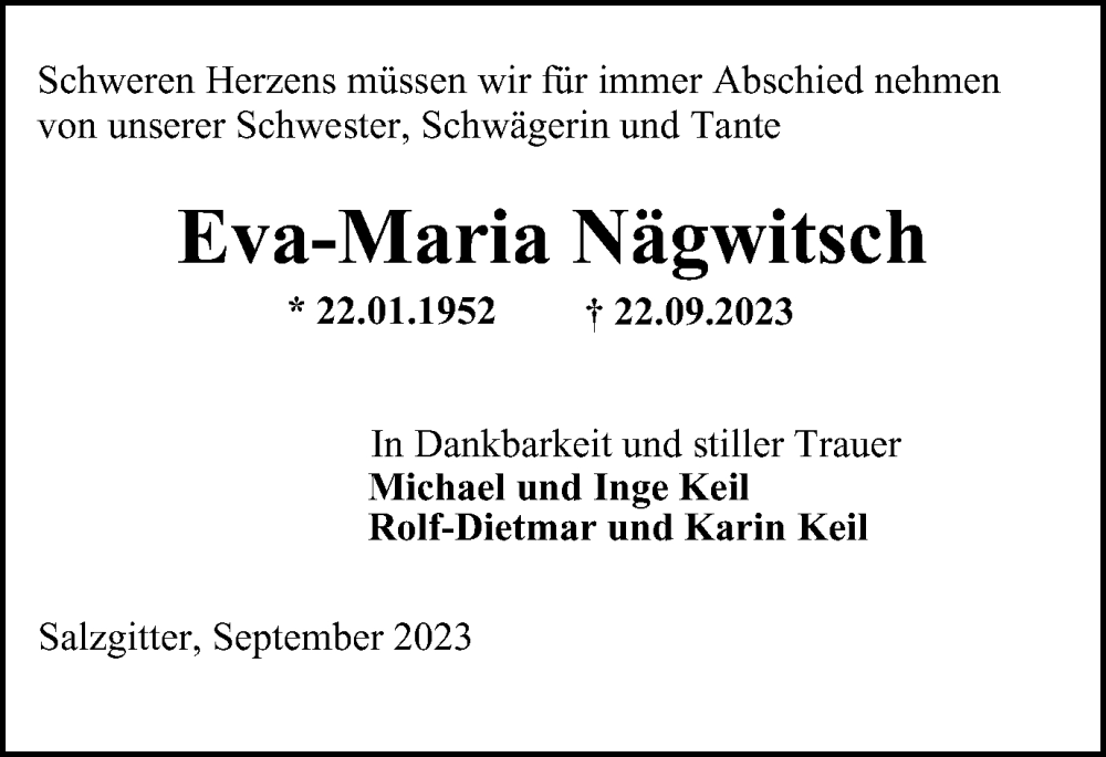  Traueranzeige für Eva-Maria Nägwitsch vom 26.09.2023 aus Salzgitter-Zeitung