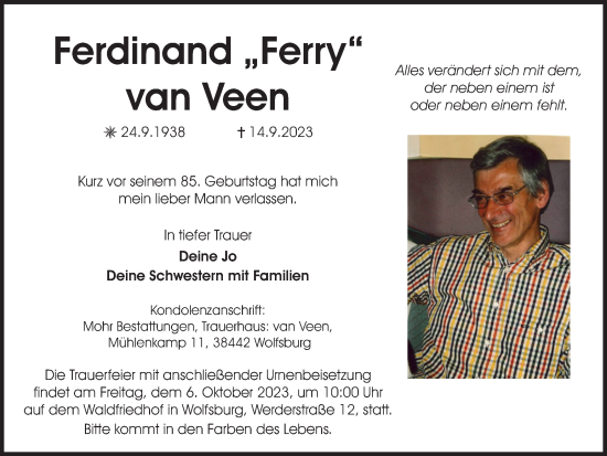Traueranzeige von Ferdinand van Veen von Wolfsburger Nachrichten