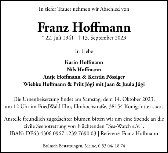 Traueranzeige von Franz Hoffmann von Wolfsburger Nachrichten