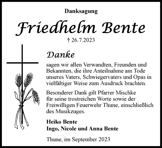 Traueranzeige von Friedhelm Bente von Braunschweiger Zeitung