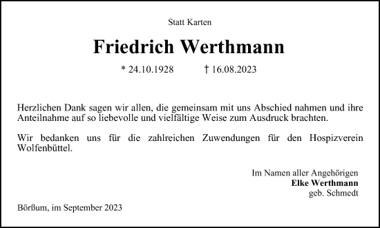 Traueranzeige von Friedrich Werthmann von Wolfenbütteler Zeitung
