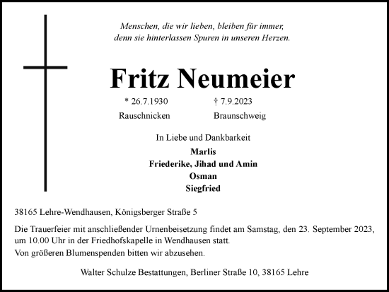 Traueranzeige von Fritz Neumeier von Braunschweiger Zeitung