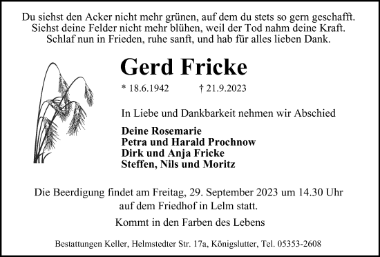Traueranzeige von Gerd Fricke von Helmstedter Nachrichten