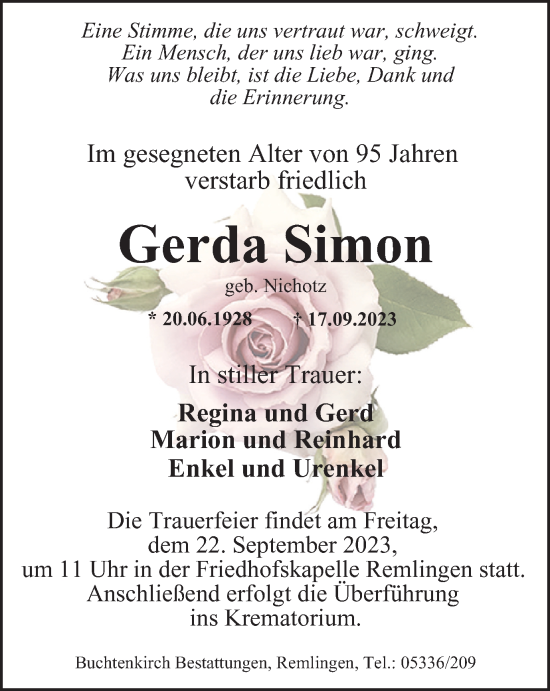 Traueranzeige von Gerda Simon von Wolfenbütteler Zeitung