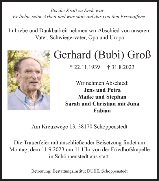Traueranzeige von Gerhard Groß von Helmstedter Nachrichten, Wolfenbütteler Zeitung