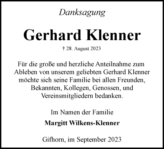 Traueranzeige von Gerhard Klenner von Wolfsburger Nachrichten
