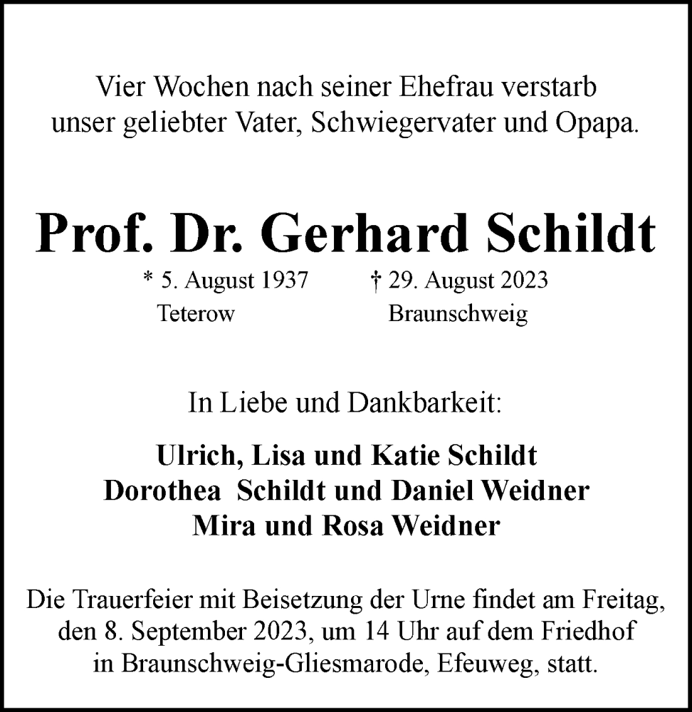  Traueranzeige für Gerhard Schildt vom 02.09.2023 aus Braunschweiger Zeitung