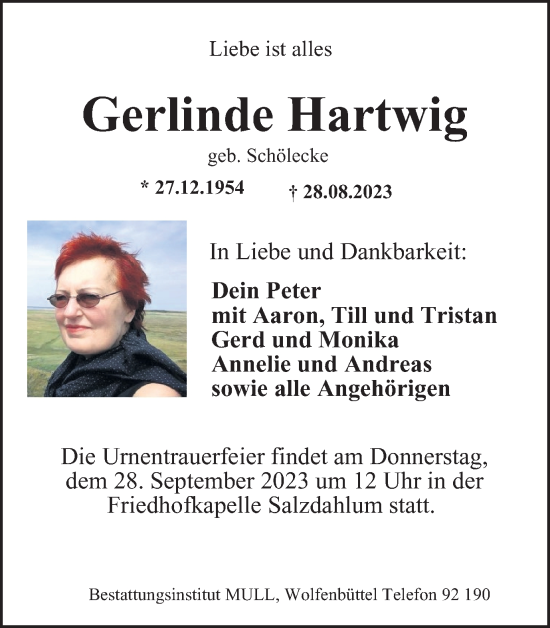 Traueranzeige von Gerlinde Hartwig von Wolfenbütteler Zeitung