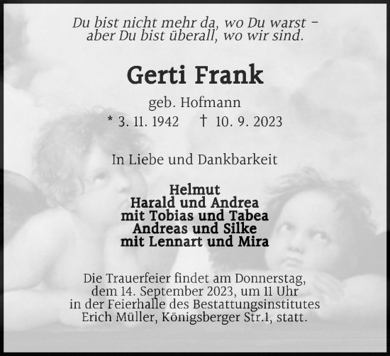Traueranzeige von Gerti Frank von Salzgitter-Zeitung
