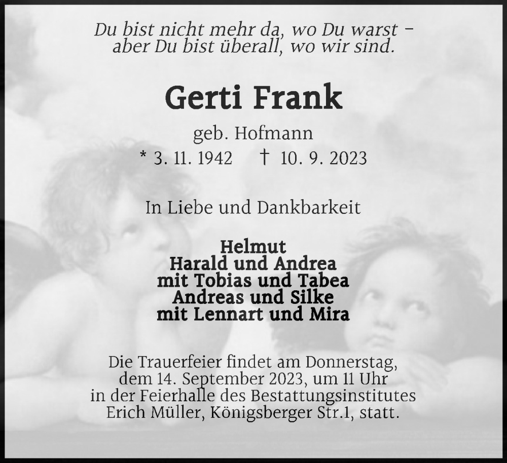  Traueranzeige für Gerti Frank vom 13.09.2023 aus Salzgitter-Zeitung