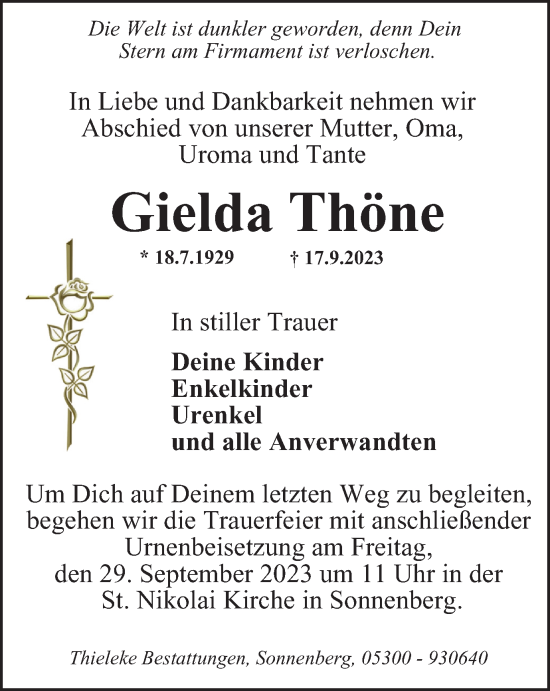 Traueranzeige von Gielda Thöne von Peiner Nachrichten