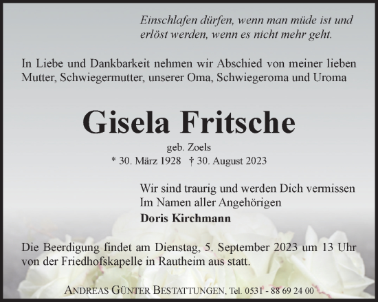 Traueranzeige von Gisela Fritsche von Braunschweiger Zeitung