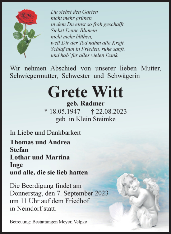 Traueranzeige von Grete Witt von Wolfsburger Nachrichten