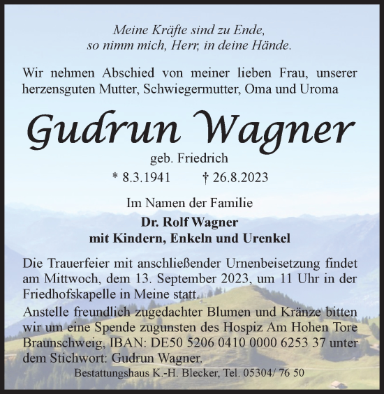 Traueranzeige von Gudrun Wagner von Wolfsburger Nachrichten