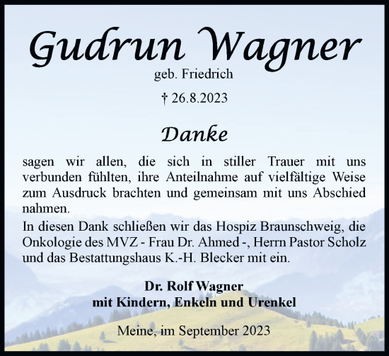 Traueranzeige von Gudrun Wagner von Wolfsburger Nachrichten