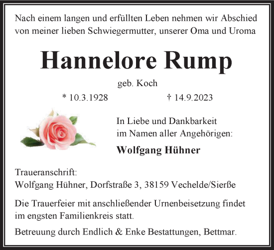 Traueranzeige von Hannelore Rump von Peiner Nachrichten