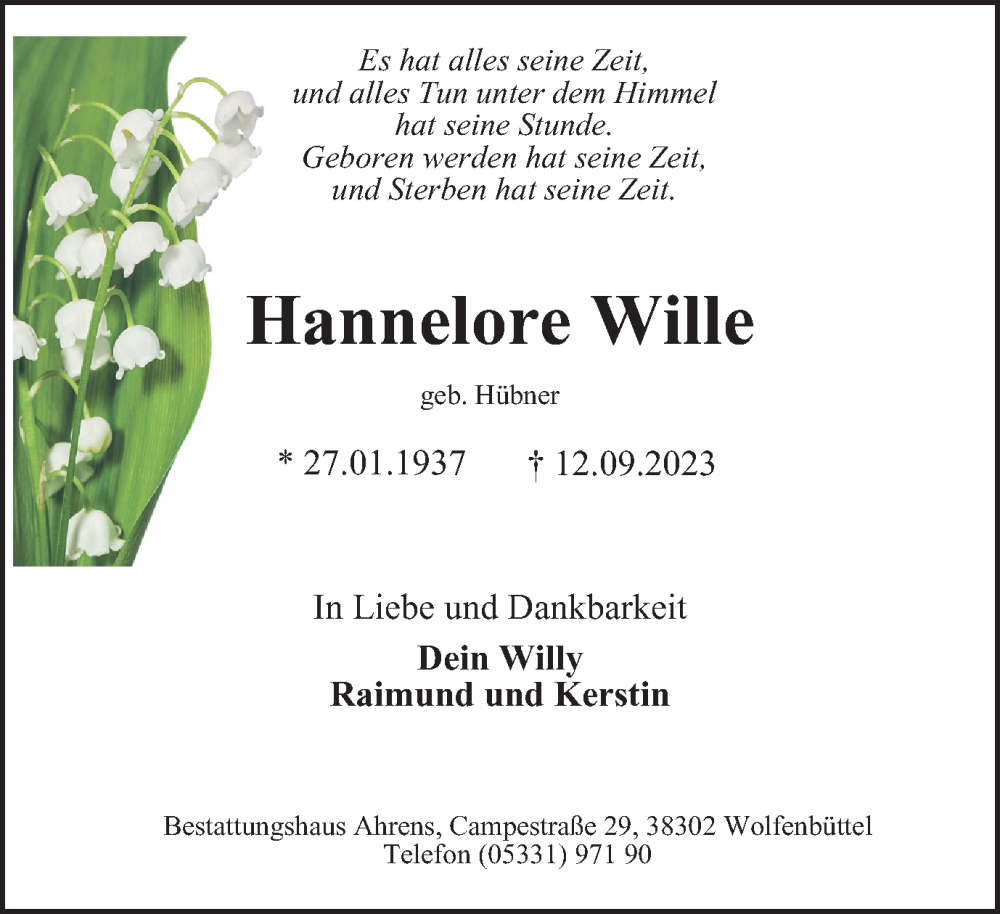  Traueranzeige für Hannelore Wille vom 16.09.2023 aus Wolfenbütteler Zeitung