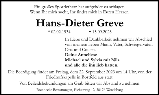 Traueranzeige von Hans-Dieter Greve von Braunschweiger Zeitung
