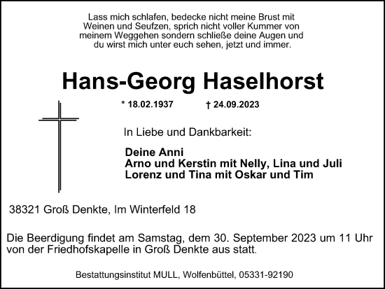 Traueranzeige von Hans-Georg Haselhorst von Wolfenbütteler Zeitung