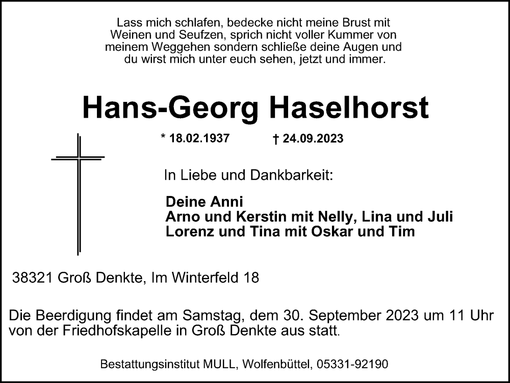 Traueranzeige für Hans-Georg Haselhorst vom 27.09.2023 aus Wolfenbütteler Zeitung