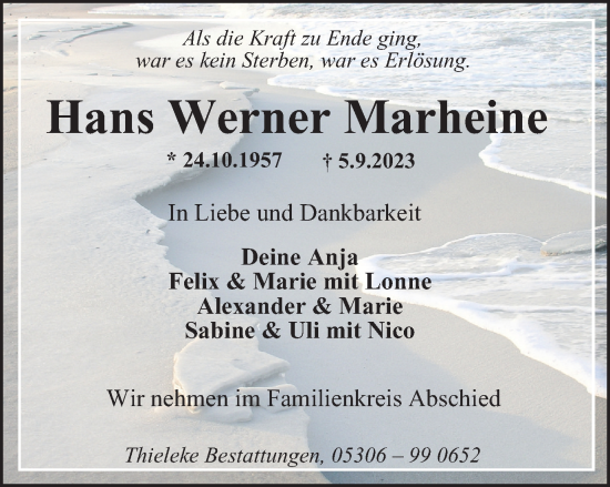 Traueranzeige von Hans Werner Marheine von Braunschweiger Zeitung