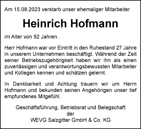 Traueranzeige von Heinrich Hofmann von Salzgitter-Zeitung
