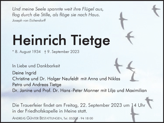 Traueranzeige von Heinrich Tietge von Braunschweiger Zeitung