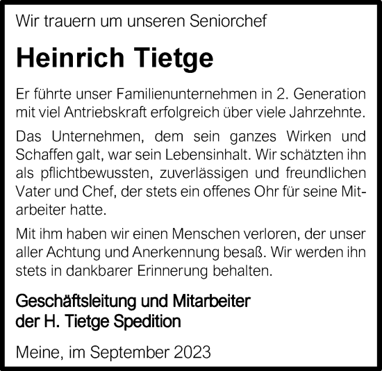 Traueranzeige von Heinrich Tietge von Braunschweiger Zeitung